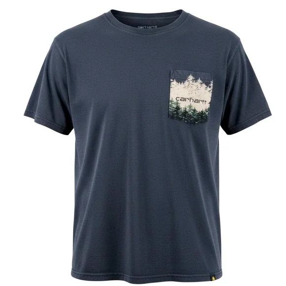 Carhartt Mens L Relaxed Fit Cotton Gray Blue Pine Forest Graphic Pocket T Shirt - Picture 4 of 12